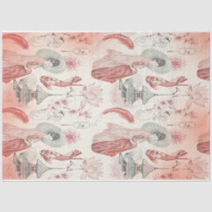 Papier Mousseline Japonaise Watercolor Art Girl et Koi Fish