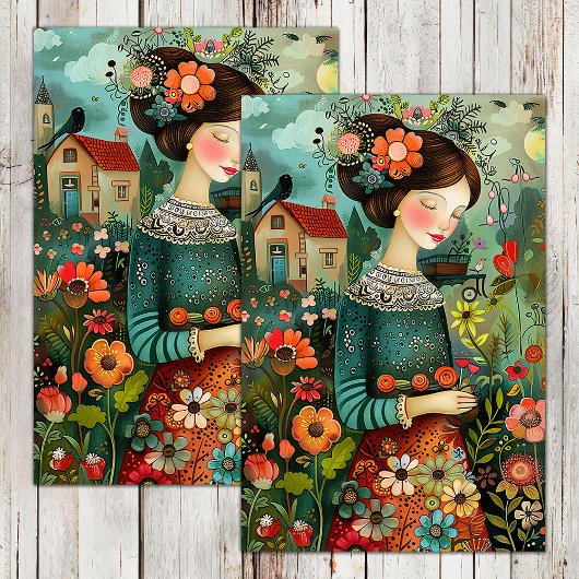 PAPIER MOUSSELINE JARDIN COLORÉ FILLE AVEC DÉCOUPAGE FLEURIE