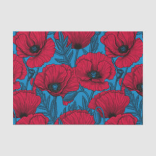 Papier Mousseline Jardin de pavot rouge sur bleu