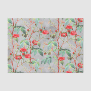 Papier Mousseline Jardin Floral Rose rouge vintage sur Gris