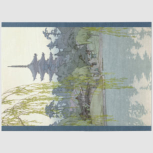 Papier Mousseline Jardin japonais Vintage Blue Willow Lake Pagoda 2