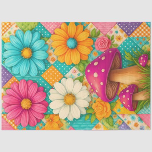 Papier Mousseline Jardin Patchwork – Floral Fantaisiste & Champignon (Recto)
