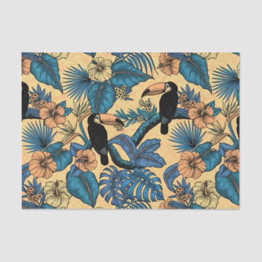 Papier Mousseline Jardin toucan en jaune et bleu (Recto)