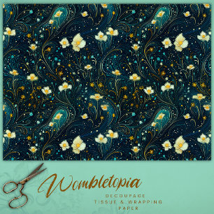 Papier Mousseline Jardin Twilight Bleu Marine, Découpage Floral Or