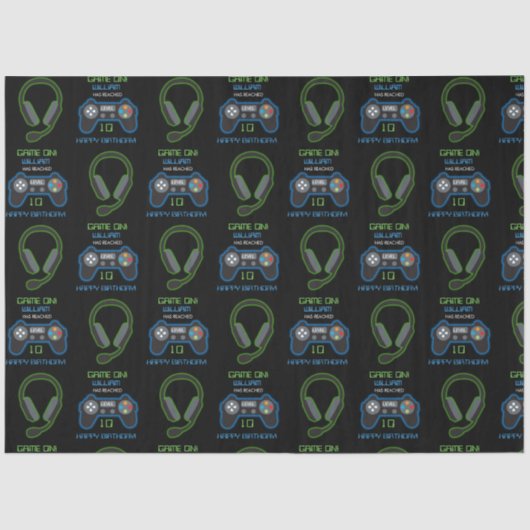 Papier Mousseline Jeu vidéo Neon Blue & Green Anniversaire Nom d'âge (Recto)