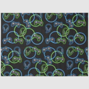 Papier Mousseline Jeu vidéo Neon Blue & Green Motif