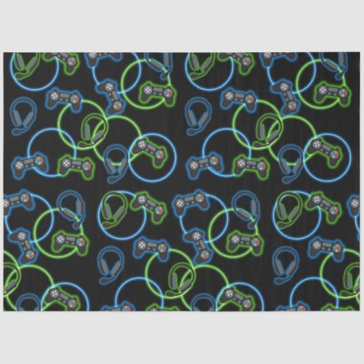 Papier Mousseline Jeu vidéo Neon Blue & Green Motif (Recto)