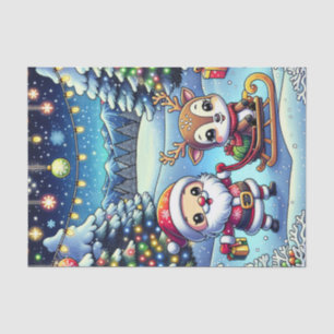 Papier Mousseline Joli Cartoon Père Noël et Reindeer Noël