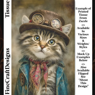 Papier Mousseline Joli Chat Tabby Steampunk au Chapeau DN6R Découpag