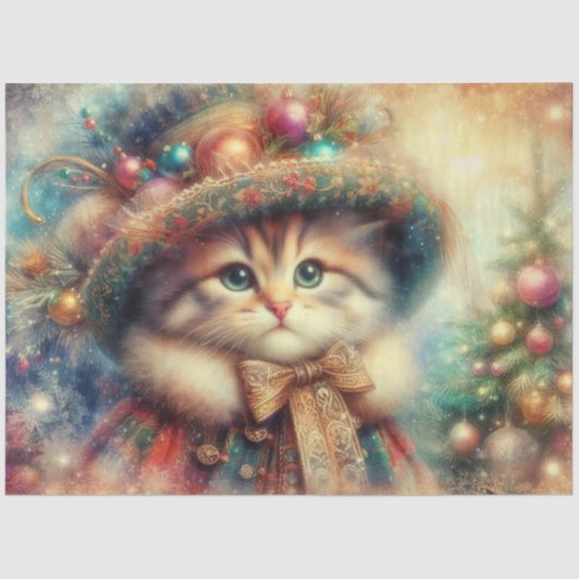 Papier Mousseline Joli chaton de Noël victorien et découpage d'arbre (Recto)