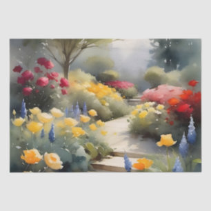 Papier Mousseline Joli Jardin aux roses rouges fleurs bleues