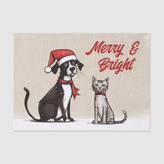 Papier Mousseline Joli Père Noël Chien et Chat Joyeux et Bright Chri (Recto)