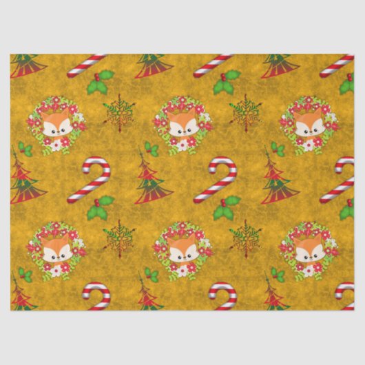Papier Mousseline Joli renard de Noël en couronne Noël (Recto)
