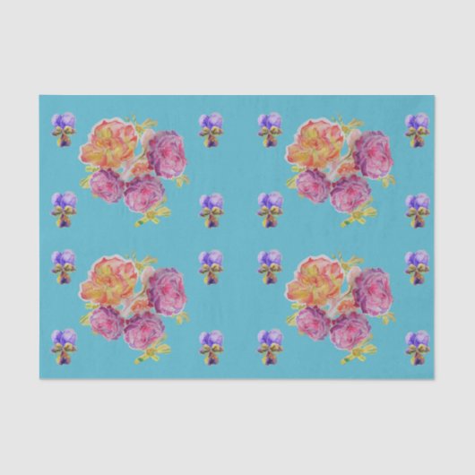 Papier Mousseline Joli Rose Floral Turquoise Rose Motif (Recto)