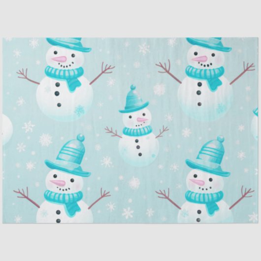 Papier Mousseline Joli Snowmen Snowflakes Bleu clair Noël (Recto)