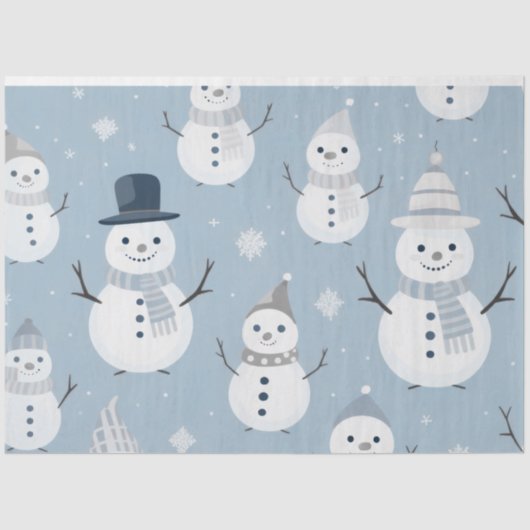 Papier Mousseline Joli Snowmen Snowflakes Gris Bleu Noël (Recto)