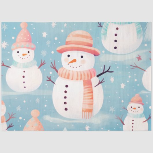 Papier Mousseline Joli Snowmen Snowflakes Ice Blue Noël (Recto)