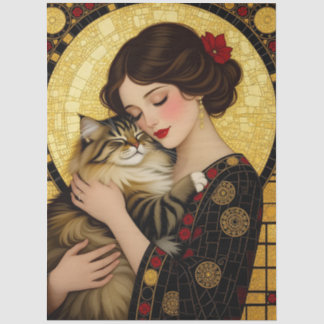 Papier Mousseline Jolie Fille Câline un Chat Art Nouveau Découpage