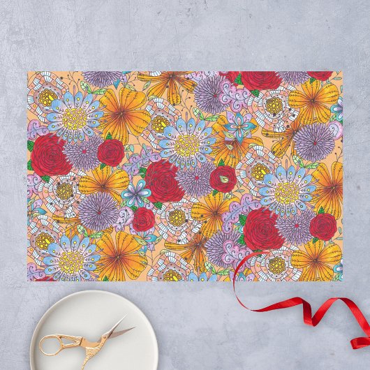 Papier Mousseline Jolie Orange Rouge Violet Jardin Doodle Fleurs