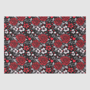Papier Mousseline Jolie, Rouge, Roses noires et blanches, Coeurs