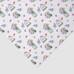 Papier Mousseline Jolies fleurs coniques roses et cœurs à l'aquarell