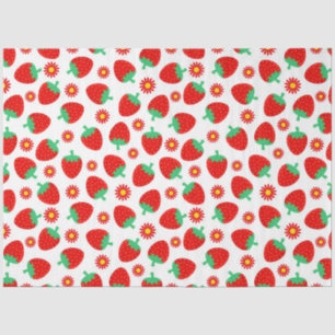 Papier Mousseline Jolies fraises rouges et fleurs sur fond blanc