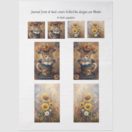 Papier Mousseline Journal Cover Cat in Cup & Sunflowers & Coasters  (Recto)