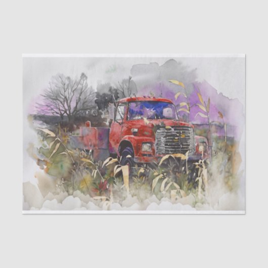 Papier Mousseline Jours Passés, Camionnette Rouge Rétro Rustique (Recto)