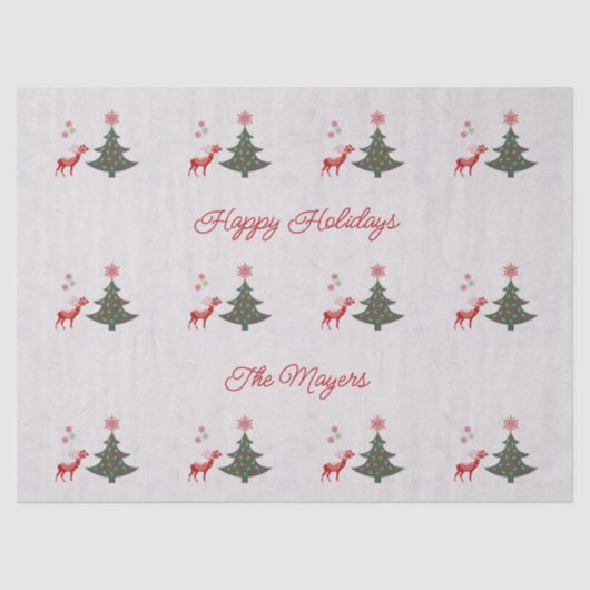 Papier Mousseline Joyeuses fêtes Arbre de Noël et Cerfs (Recto)