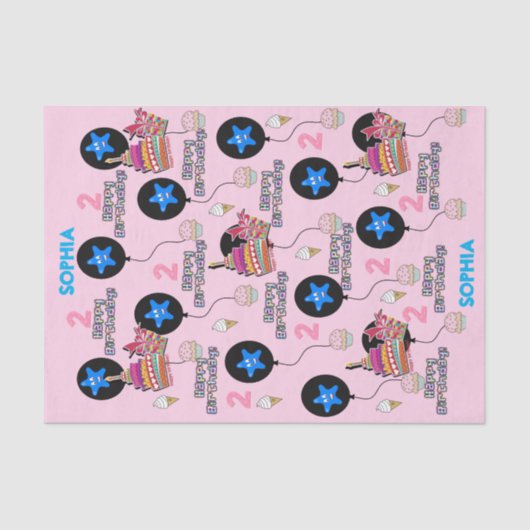 Papier Mousseline Joyeux 2e anniversaire Tissue Paper #2 Rose (Recto)
