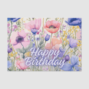 Papier Mousseline Joyeux Anniversaire Fleurs de Pavot colorées