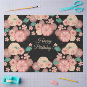 Papier Mousseline Joyeux Anniversaire - Fleurs de Pêche Printemps Ja