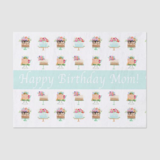 Papier Mousseline Joyeux Anniversaire Maman Aquarelle Floral Gâteaux (Recto)
