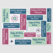 Papier Mousseline Joyeux Anniversaire Nom Blue Mint Green Bourgogne (Recto)