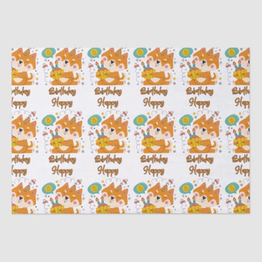 Papier Mousseline Joyeux Anniversaire Shiba Inu Tissue Paper (Recto)