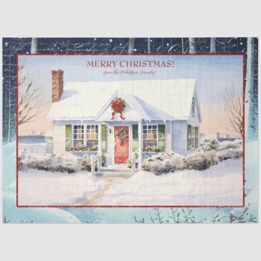 Papier Mousseline Joyeux Noël Cape Cod House Snow Snowy Trees (Recto)