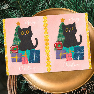 Papier Mousseline Joyeux Noël Festif Mignon Chat Noir Café Rose