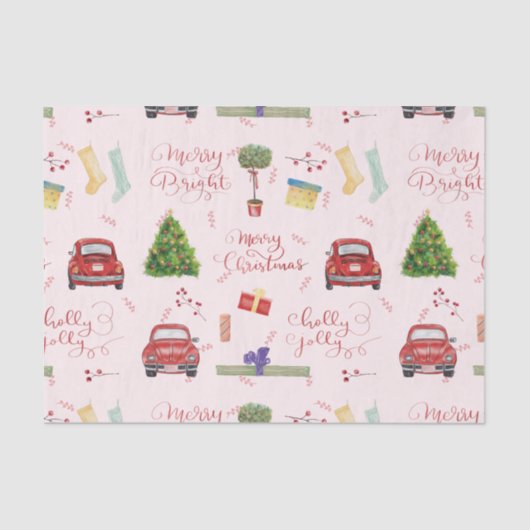 Papier Mousseline Joyeux Noël Script Holiday Tree Voiture Motif Wr (Recto)