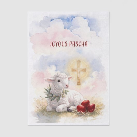 Papier Mousseline Joyous Pascha Lamb, Red Eggs and Cross (Recto)