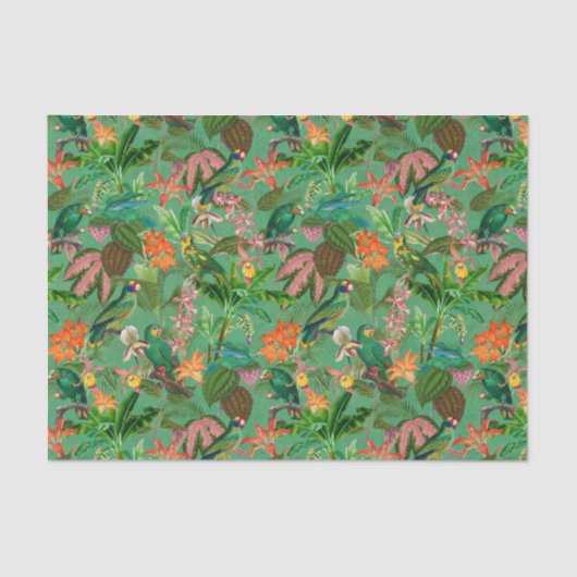 Papier Mousseline Jungle Tropicale Avec Perroquets Et Fleurs - Vert  (Recto)