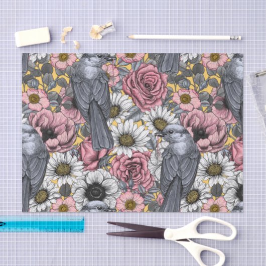 Papier Mousseline Jus gris et fleurs (Artisanat)