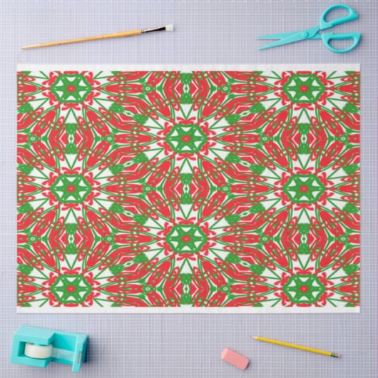 Papier Mousseline Kaleidoscope rouge, vert et blanc (Artisanat)