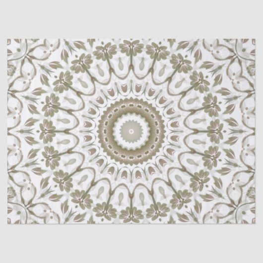 Papier Mousseline Khaki Taupe blanc Floral Mandala (Recto)