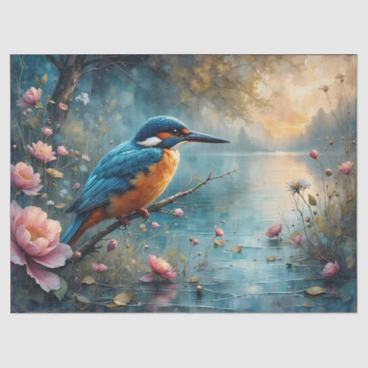 Papier Mousseline Kingfisher perched over water pink flowers (Recto)