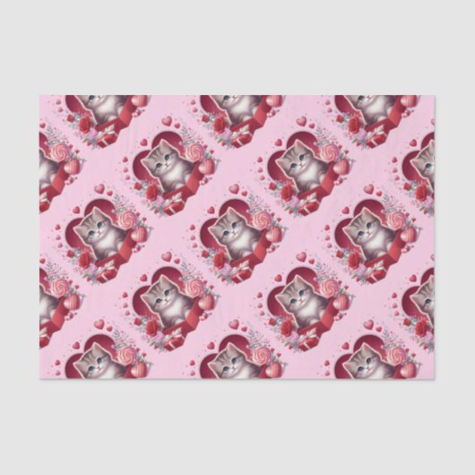 Papier Mousseline Kitten assis en boîte avec des fleurs et des cadea (Recto)