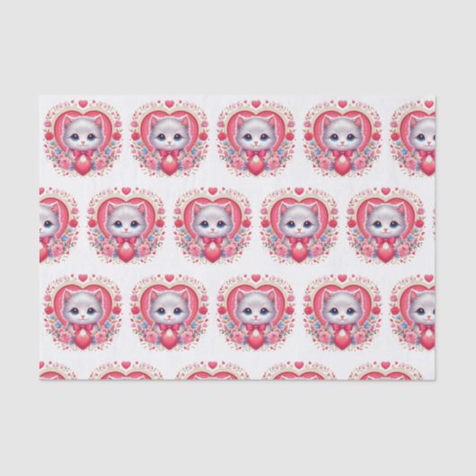 Papier Mousseline Kitten avec Bow rouge avec Coeurs floraux romantiq (Recto)