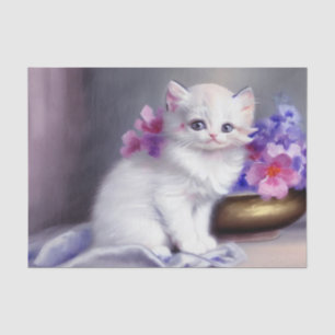 Papier Mousseline Kitten blanc vintage aux fleurs roses et violettes