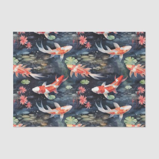 Papier Mousseline Koi Fish Dark Pond Floral Découpage (Recto)