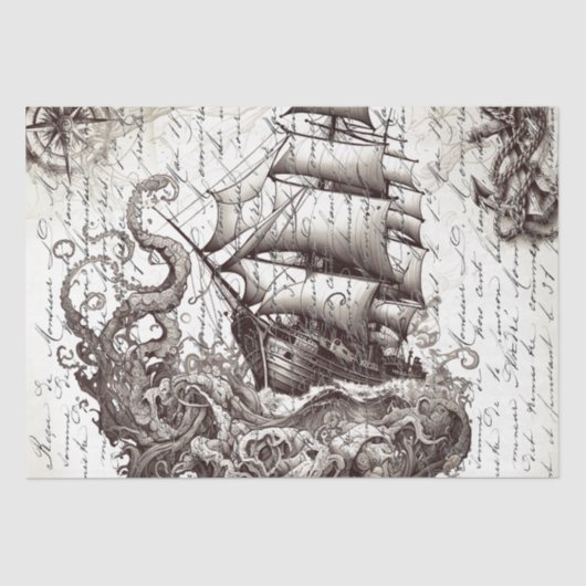 Papier Mousseline Kraken vs pirate ship nautical theme (Recto)