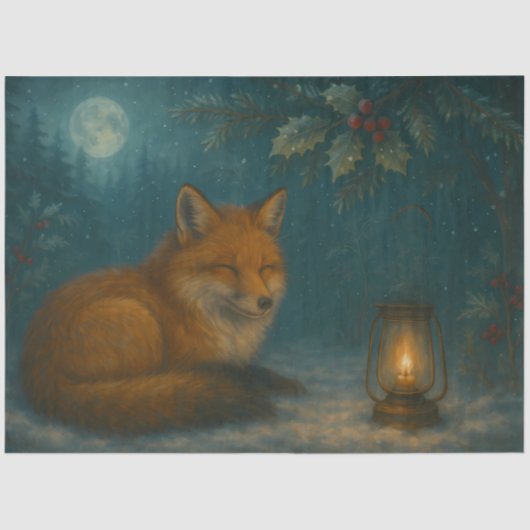 Papier Mousseline Lantern Fox Under the Holly Moon Winter Decoupage  (Recto)